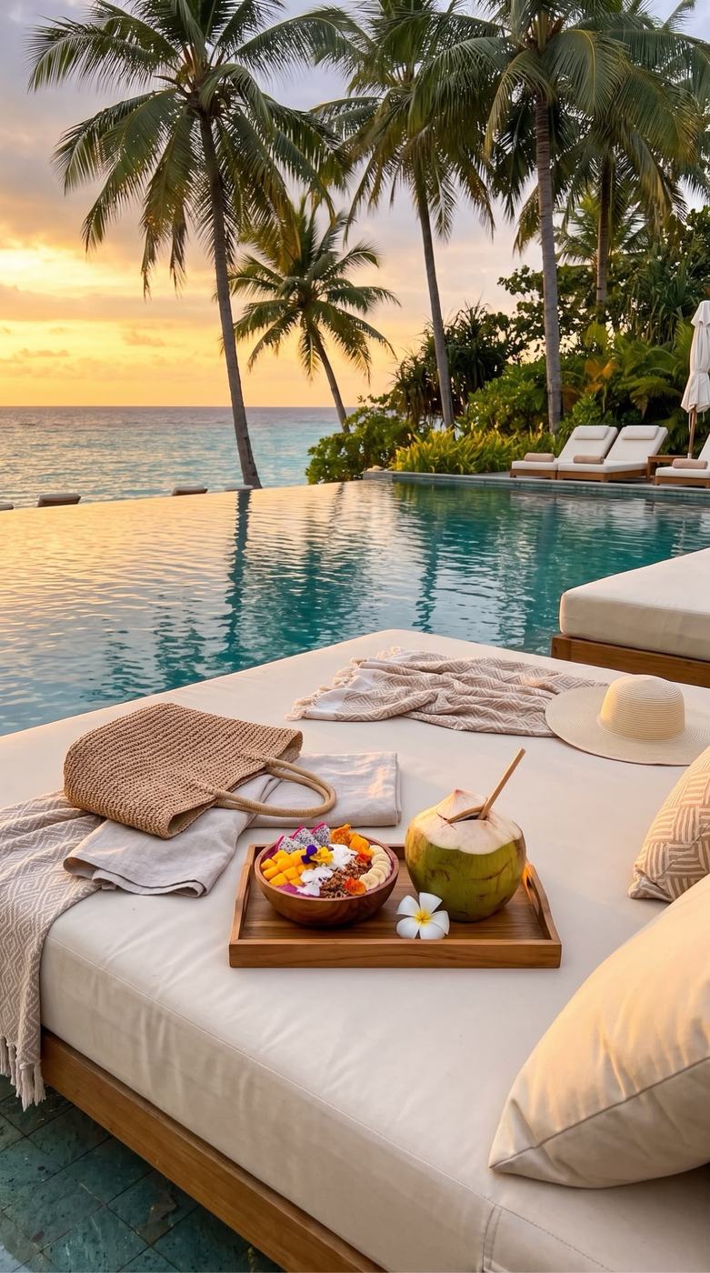 Sunset over a palm-lined infinity pool with an in-water daybed, straw bag, sun hat, fruit bowl, coconut and frangipani flower