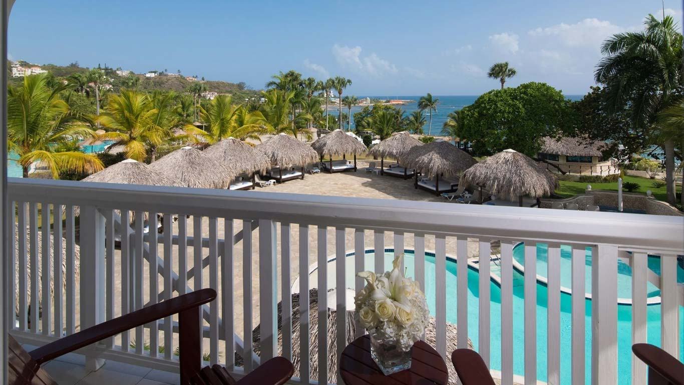 Elevated view over white cabanas at The Tropical