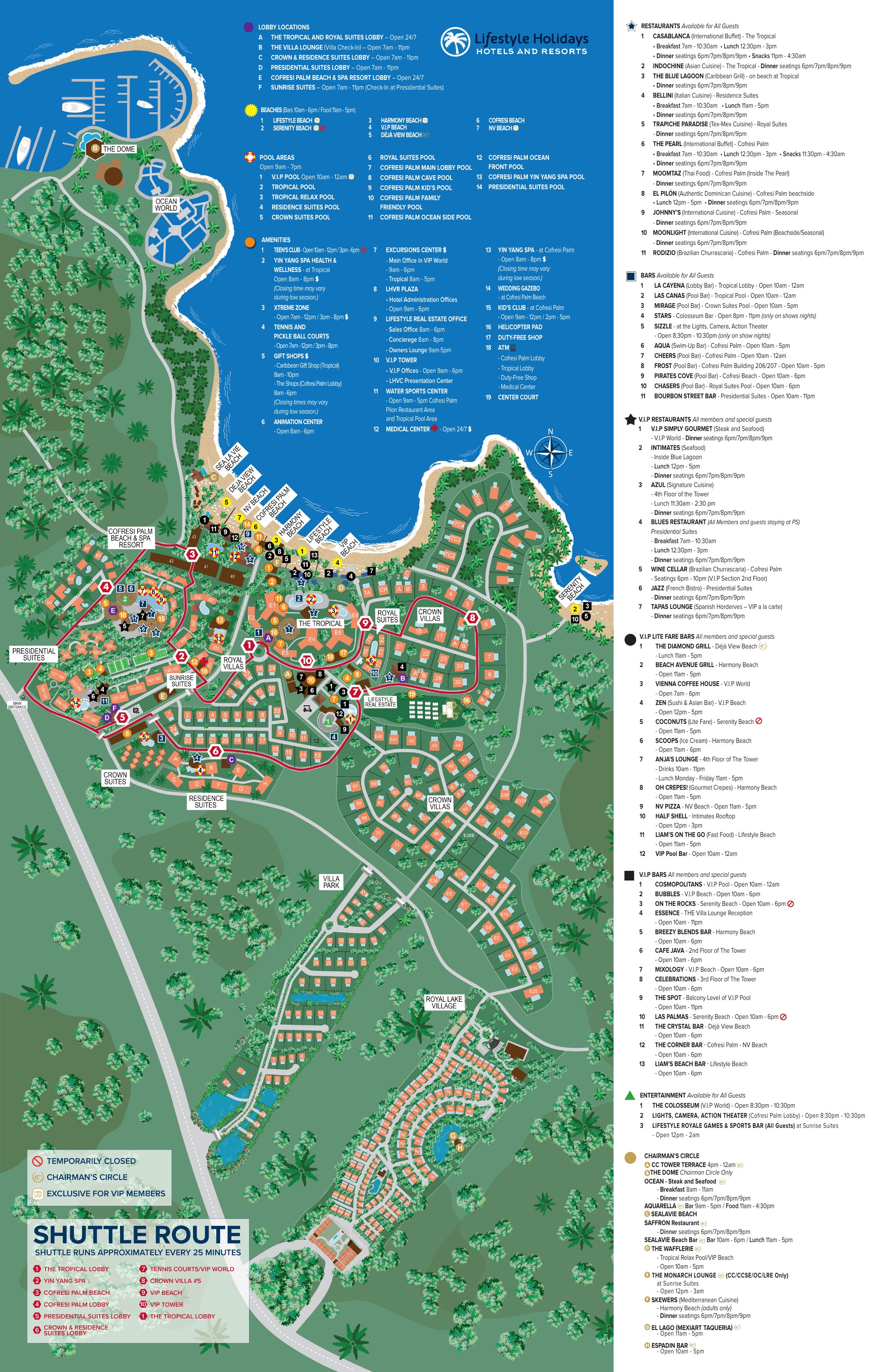Official 2025 Lifestyle Holidays resort map showing beaches, pools, restaurants, bars and the shuttle route